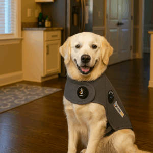 “Golden Retriever wearing a ThunderShirt for dogs anxiety relief during thunderstorm”
