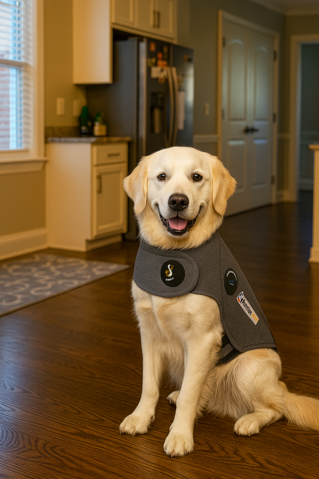 “Golden Retriever wearing a ThunderShirt for dogs anxiety relief during thunderstorm”